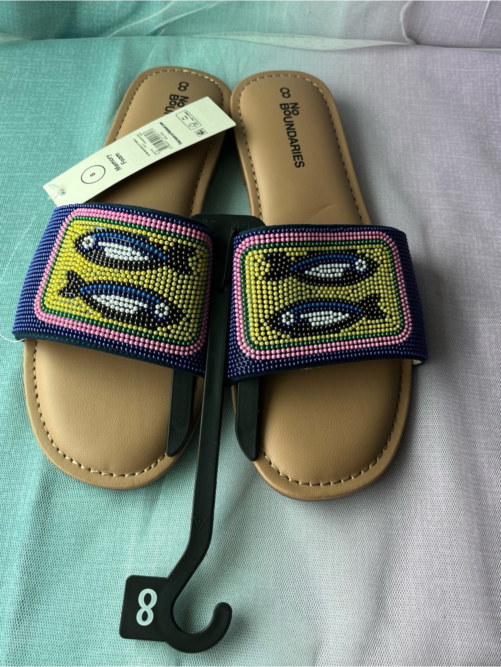 No Boundaries Beaded Slide Sandals Sardines Sz 8 Striped Resort wear Summer NWT